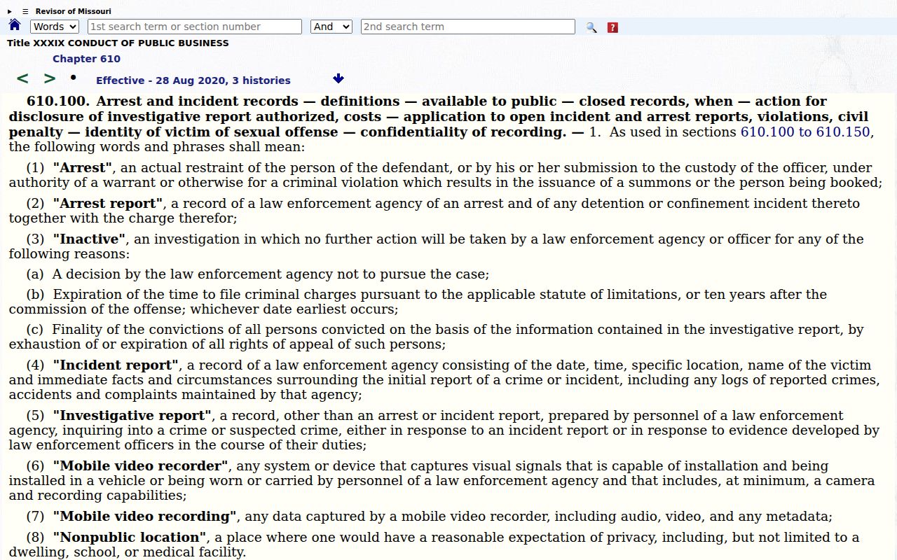 Cass County arrest record rules under Missouri section 610.100