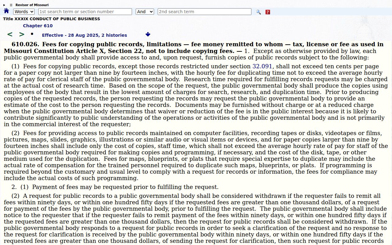 Missouri statute page governing public records fees for Belton requests